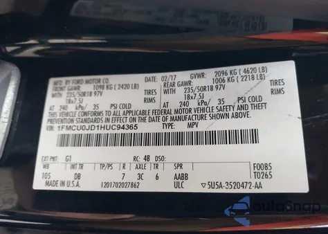 2017 Ford Escape Titanium z USA, uszkodzony, nr VIN 1FMCU0JD1HUC94365